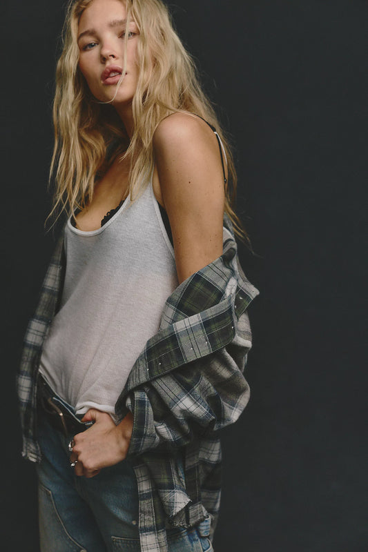 Free People Lexi Plaid Shirt in Forest Green Combo