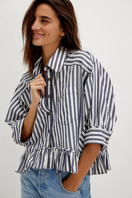 Free People Bailey Stripe Shirt in Nautical Navy