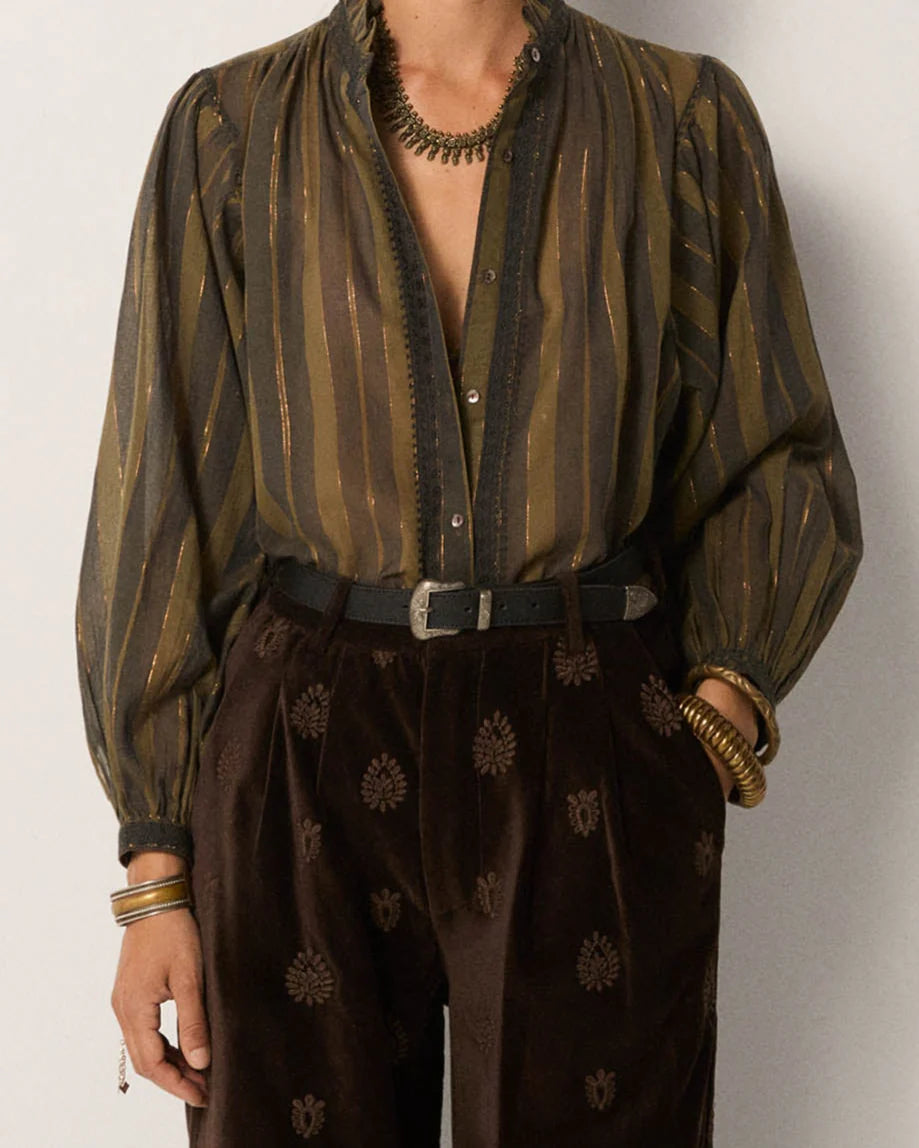 Maison Hotel Anika Blouse in Khaki Stripes