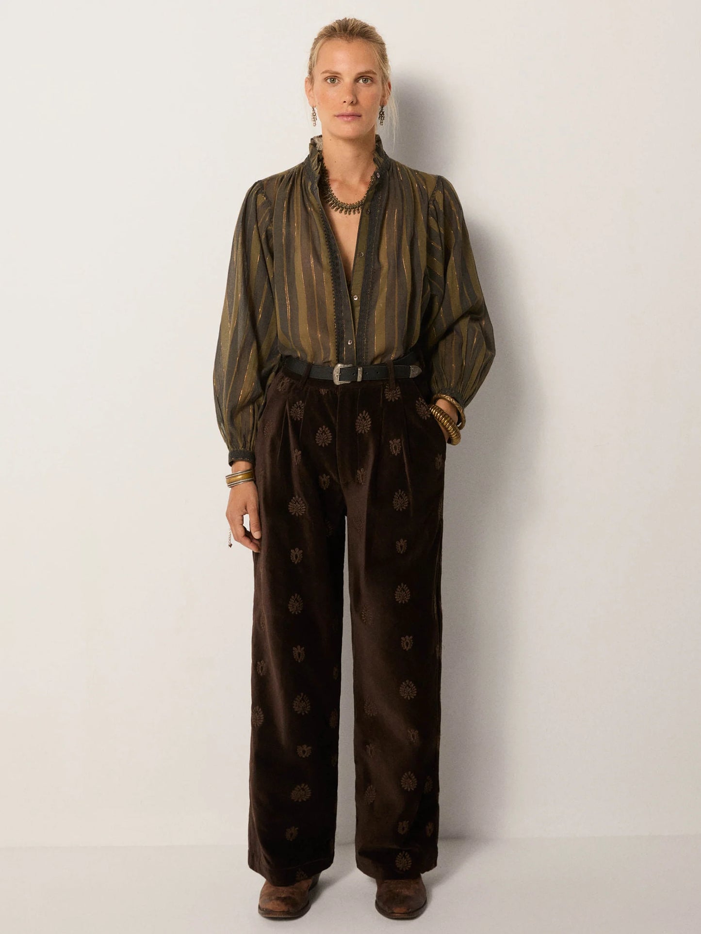 Maison Hotel Anika Blouse in Khaki Stripes