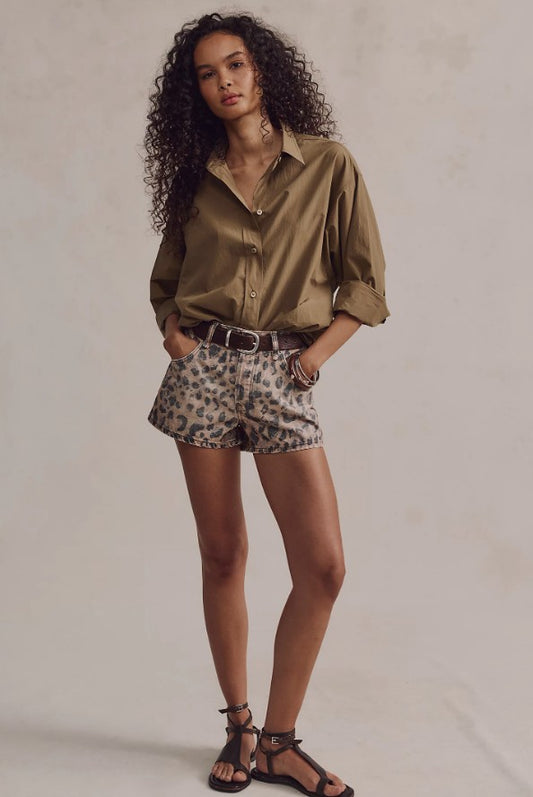 Free People Now Or Never Printed Denim Shorts in Brown Sugar Combo